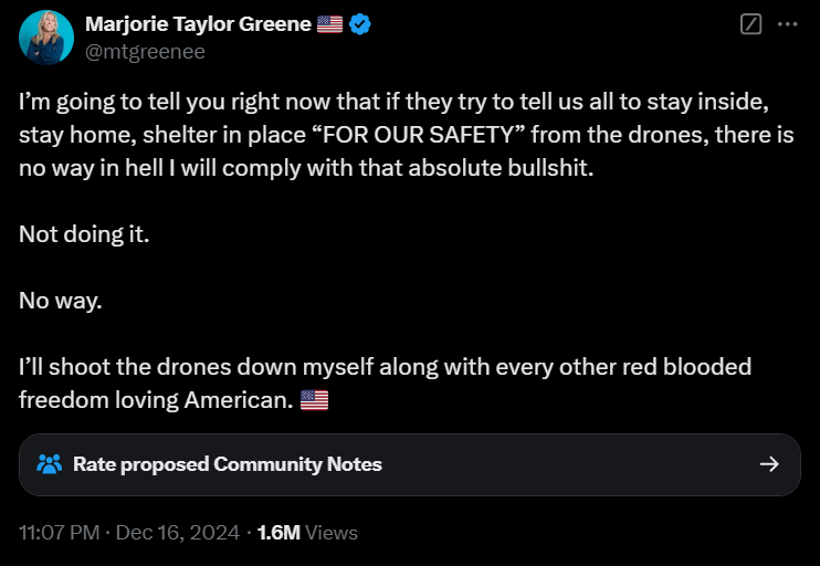 I’m going to tell you right now that if they try to tell us all to stay inside, stay home, shelter in place “FOR OUR SAFETY” from the drones, there is no way in hell I will comply with that absolute bullshit. 

Not doing it. 

No way.

I’ll shoot the drones down myself along with every other red blooded freedom loving American. 🇺🇸